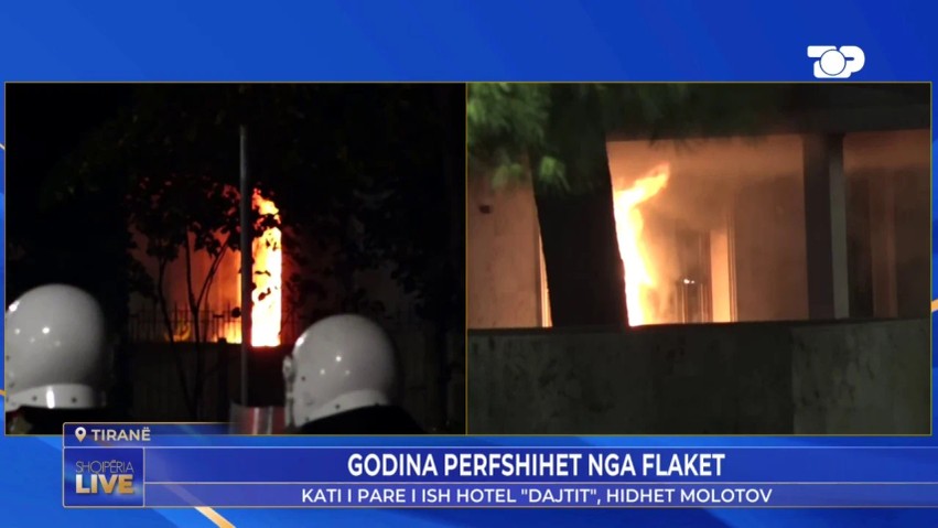 Tensionet në protestë: Molotovi ithekson flakët në katin e parë të ish-hotel “Dajtit”