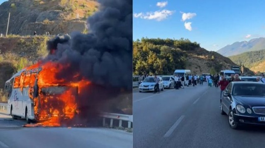 Incident i frikshëm në hyrje të tunelit të Elbasanit: Autobusi me pasagjerë përfshihet nga flakët